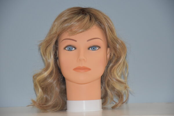 medium length blonde synthetic wig on mannequin head
