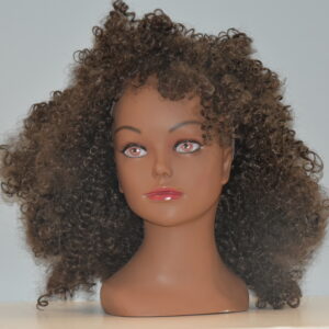 short brown curly synthetic wig on mannequin head