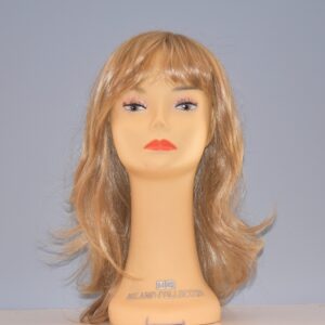 long blonde synthetic wig on mannequin head