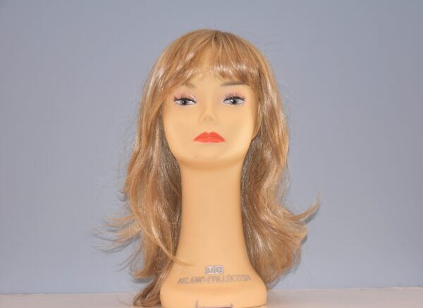 long blonde synthetic wig on mannequin head