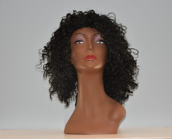 long black synthetic wig on mannequin head