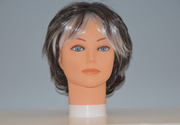 short grey synthetic wig on mannequin head
