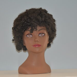 short black curly synthetic wig on mannequin head