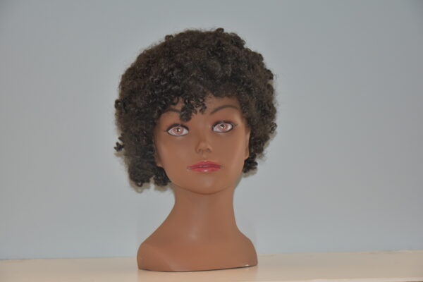 short black curly synthetic wig on mannequin head