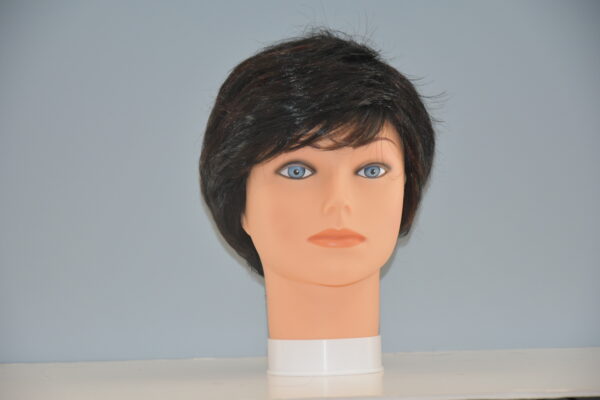 short black synthetic wig on mannequin head
