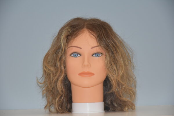 medium length brown synthetic wig on mannequin head