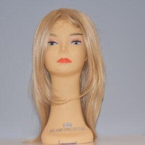 long blonde synthetic wig on mannequin head