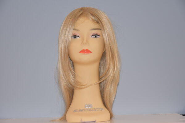 long blonde synthetic wig on mannequin head