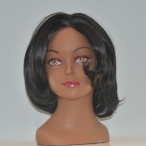 short black synthetic wig on mannequin head