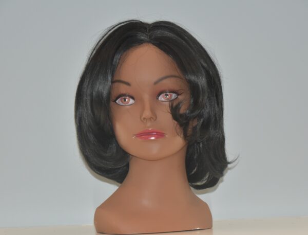 short black synthetic wig on mannequin head