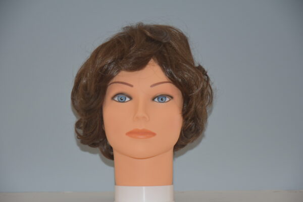 short brown synthetic wig on mannequin head
