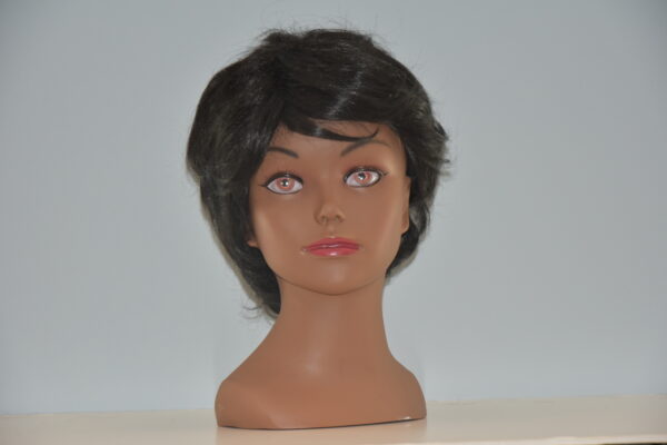 short black synthetic wig on mannequin head