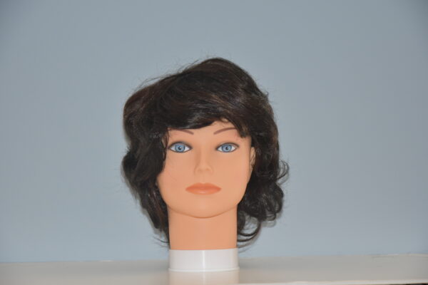 short black synthetic wig on mannequin head