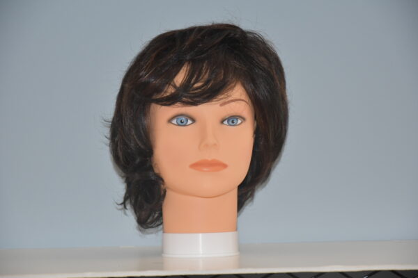 short black synthetic wig on mannequin head