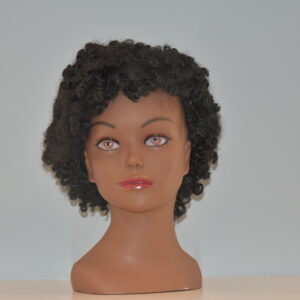 short black synthetic wig on mannequin head