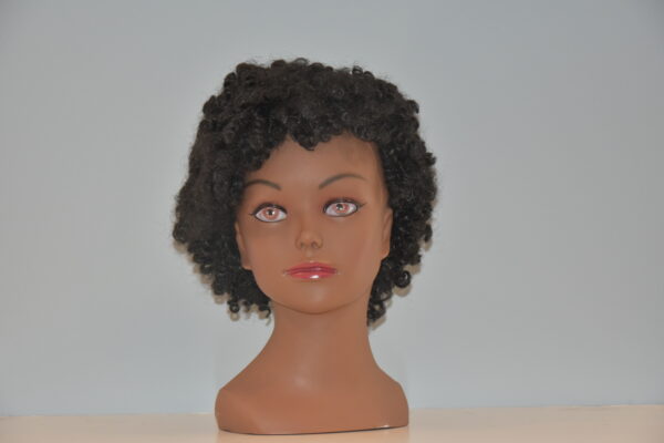 short black synthetic wig on mannequin head
