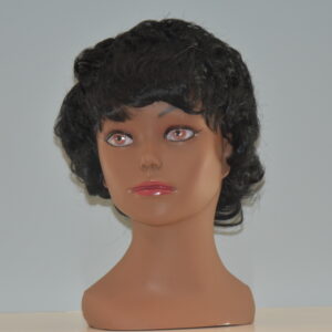Short black synthetic wig on mannequin head