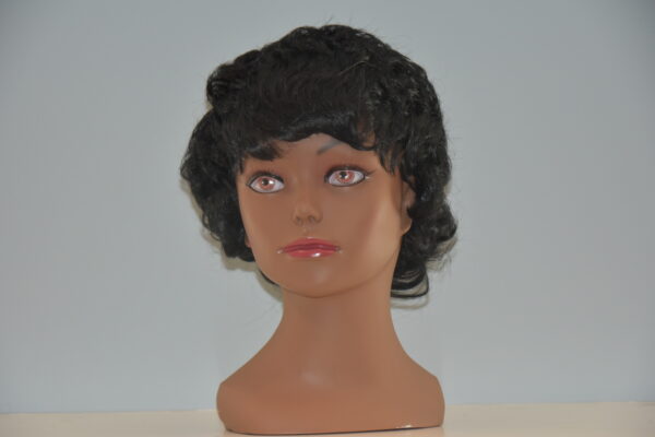 Short black synthetic wig on mannequin head