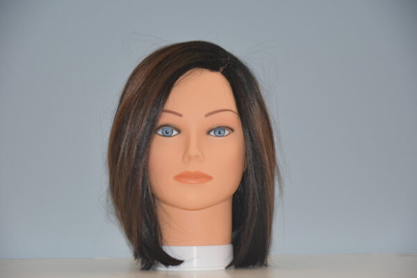 short brown synthetic wig on mannequin head