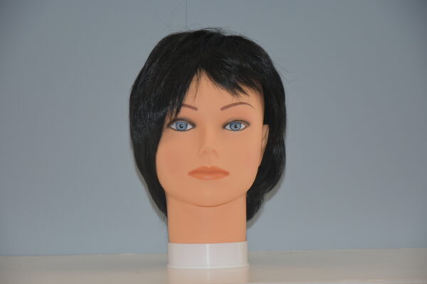 short black synthetic wig on mannequin head