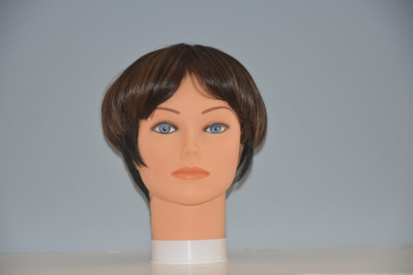 short brown synthetic wig on mannequin head