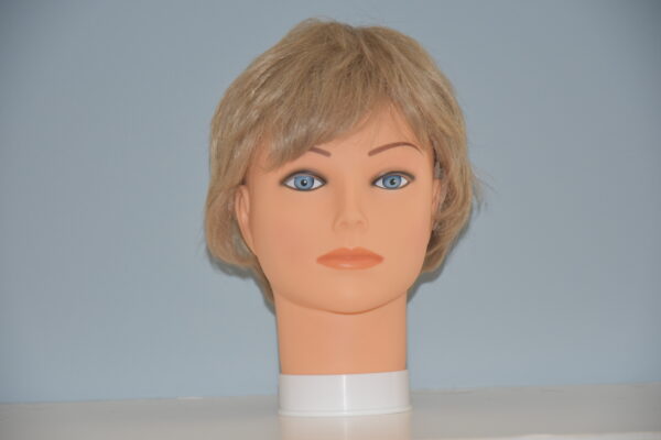 short brown synthetic wig on mannequin head