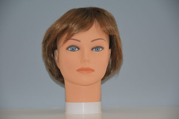 short brown synthetic wig on mannequin head