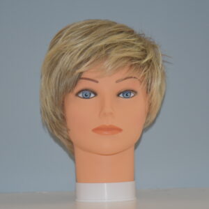 short blonde synthetic wig on mannequin head