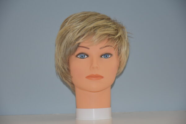 short blonde synthetic wig on mannequin head