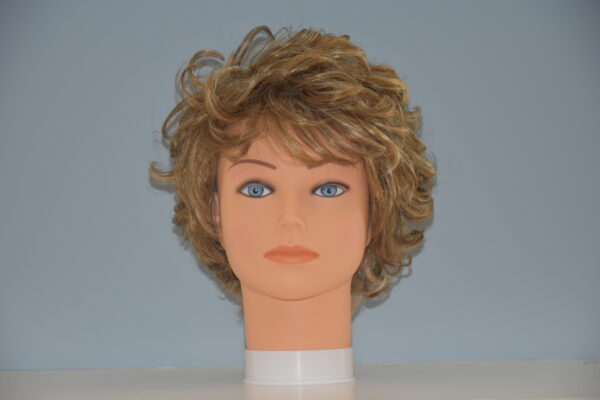 short blonde synthetic wig on mannequin head