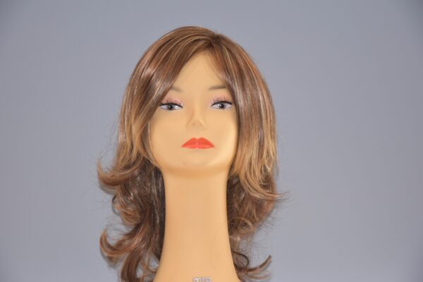 long blonde synthetic wig on mannequin head