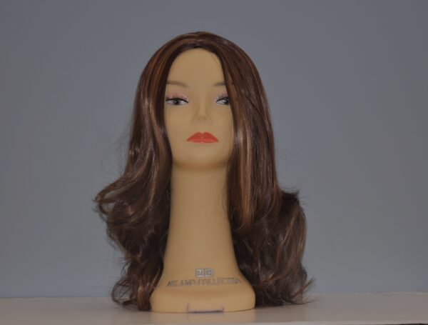 long brown synthetic wig on mannequin head
