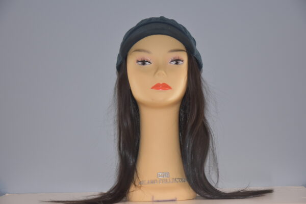 long black human hair chemo diva wig on mannequin head
