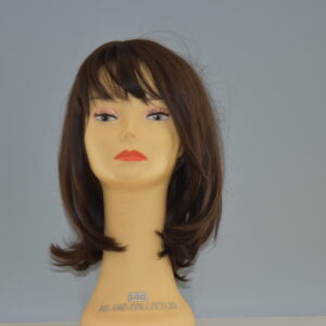medium length brown synthetic wig on mannequin head