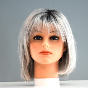 short grey synthetic wig on mannequin head