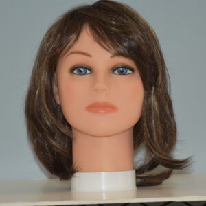 medium length brown synthetic wig on mannequin head
