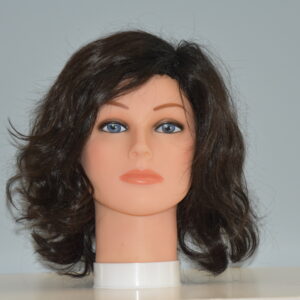 medium length black synthetic wig on mannequin head