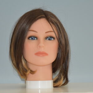 medium length brown synthetic wig on mannequin head