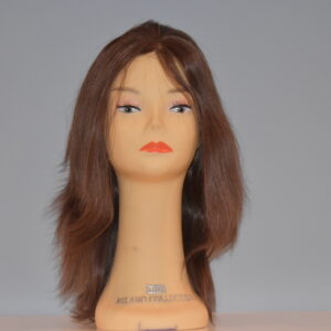long brown human hair wig on mannequin head