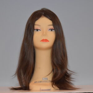 long brown human hair wig on mannequin head