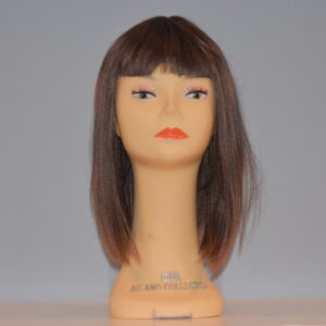 medium length brown hair wig on mannequin head