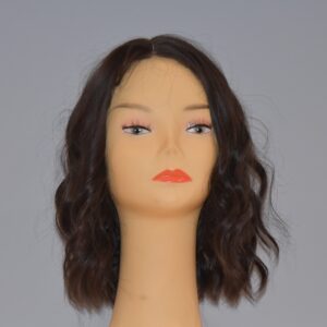medium length black synthetic wig on mannequin head