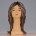 long brown synthetic wig on mannequin head