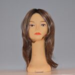 long brown synthetic wig on mannequin head