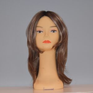 long brown synthetic wig on mannequin head