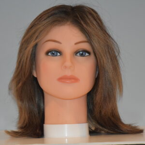 long brown synthetic wig on mannequin head