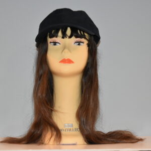 long brown human hair on mannequin head with hat