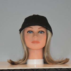 long blonde hair attached to hat on mannequin head