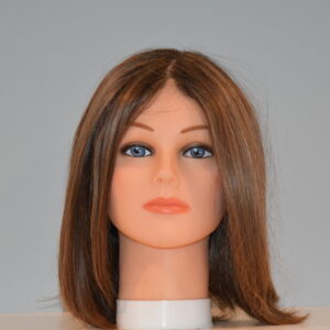 medium length brown synthetic wig on mannequin head