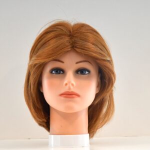 medium length red synthetic wig on mannequin head